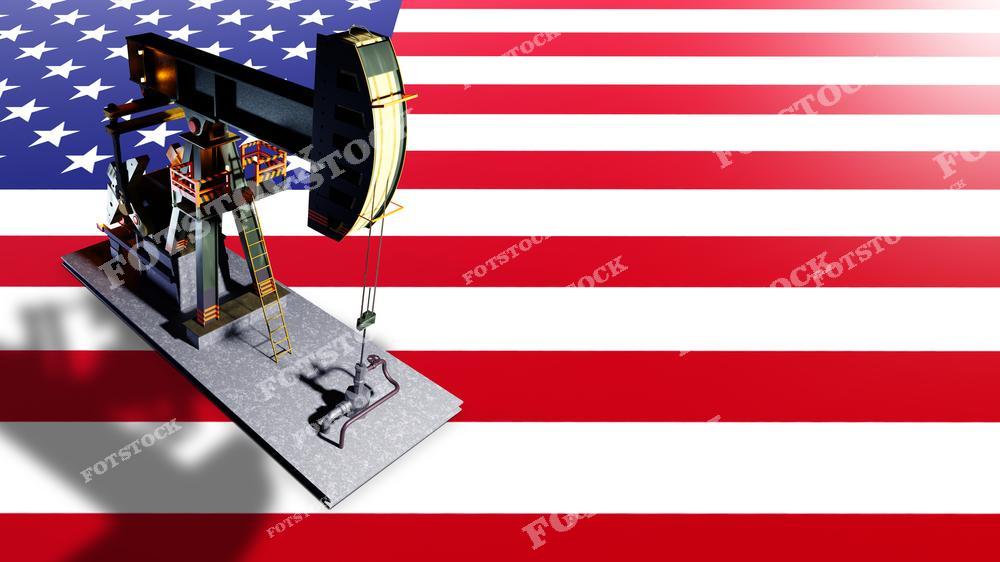Изображение нефтяной вышки, размещенной на фоне флага США. Флаг имеет традиционные красные и белые полосы и звёзды на синем фоне. Изображение символизирует энергетическую мощь и политическое влияние США.